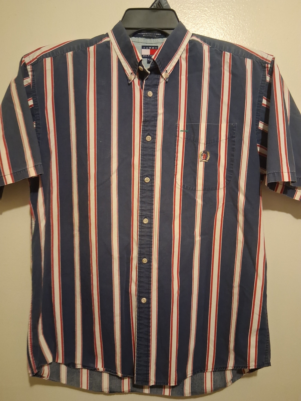 Vintage Tommy Hilfiger Navy, Red & White Vertical Stripe Button-Down Xl Shirt